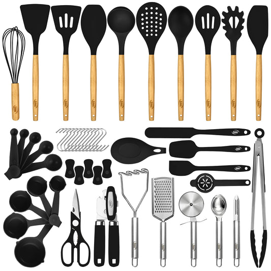 Black 50-Piece Silicone Kitchen Utensils Set - Mothers's Day Gifts for Mom Wife Complete Kitchen Set 800°F Heat-Resistant Non-Stick Premium Silicone Cooking Utensils W Wooden Handles Gifts For Mothers