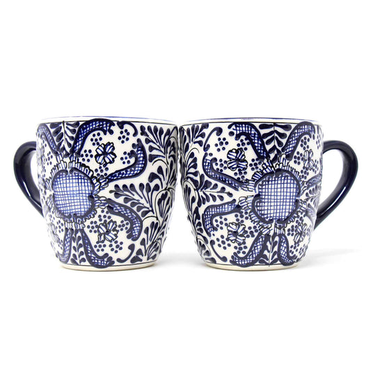 Global Crafts Encantada Handmade Hand-Painted Authentic Mexican Pottery Mugs (Cobalt Blue Flower X2)