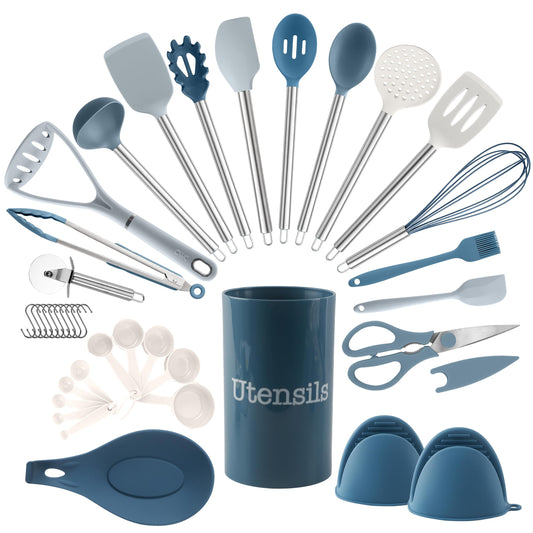 Blue and White 38-Piece COOK WITH COLOR Silicone Cooking Utensils, Kitchen Utensil Set, Easy to Clean Silicone Kitchen Utensils, Cooking Utensils for Nonstick Cookware, Kitchen Gadgets Set, 38 Pieces, Blue and White