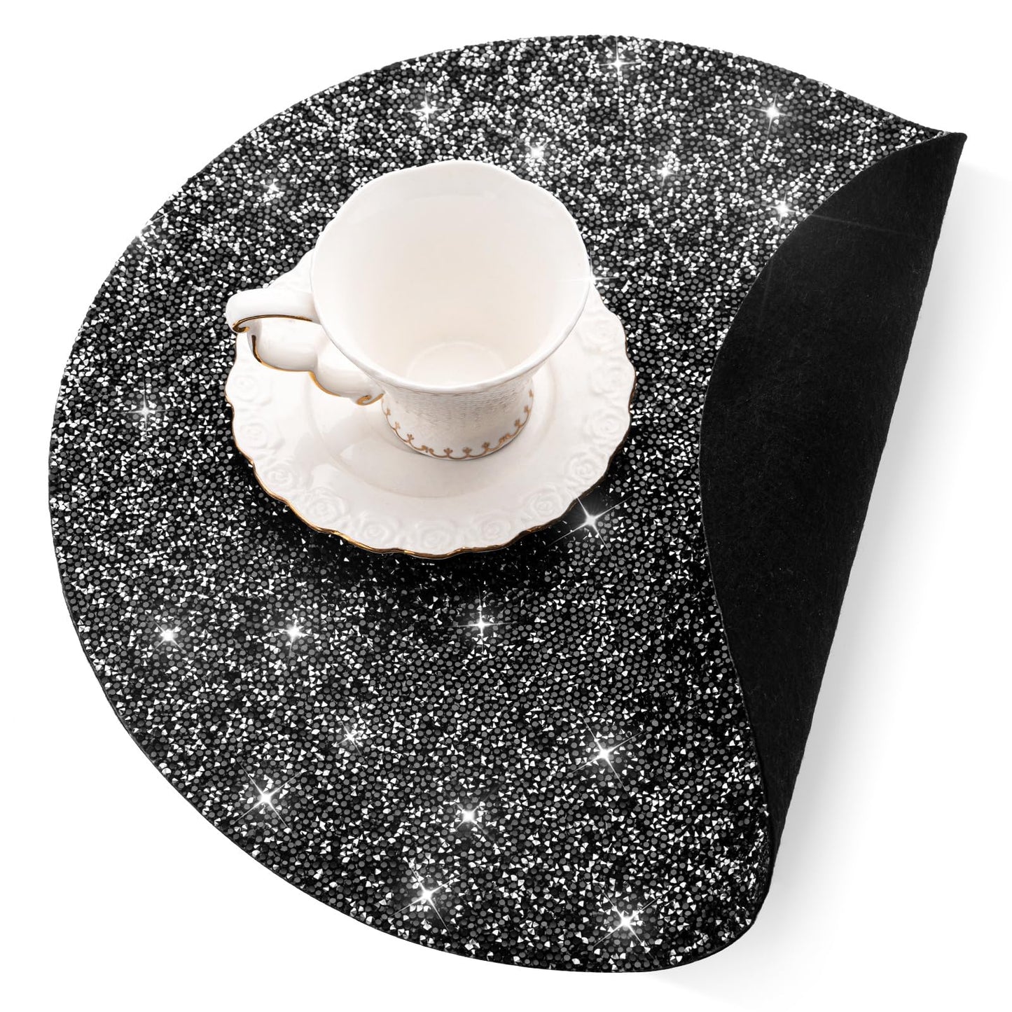 Cumouna Black Placemat Sparkle Crushed Rhinestones Round Washable Elegant Glitter Table Mat for Fall Halloween Wedding Christams Kitchen Home Decor Housewarming Gifts (15 Inch)