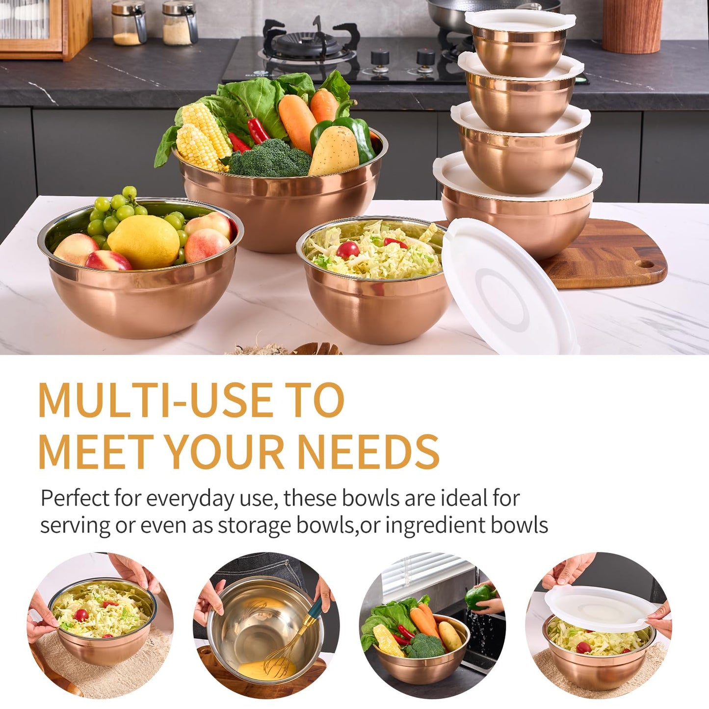 Moxinox Rose Gold Mixing Bowls with Airtight Lids, Stainless Steel Nesting Mixing Bowls Set of 7, Ideal for Baking, Prepping and Serving Food, Size 7, 3.6, 2.7, 2.1, 1.5, 1.1,0.8 QT, Stackable Design