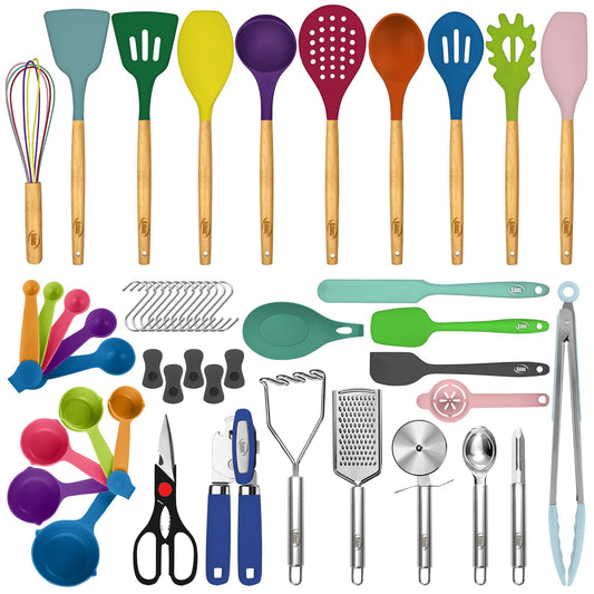 Colorful Medley 50-Piece Silicone Kitchen Utensils Set - Mothers's Day Gifts for Gourmet Mavens Everywhere - Complete Kitchen Set 800°F Heat-Resistant Non-Stick Premium Silicone Cooking Utensils W Wooden Handles Gifts for Mothers