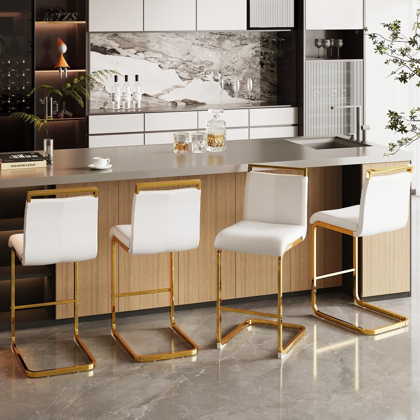 Glam Contemporary White Faux Leather and Gold Metal Bar Stools (Set of 4)