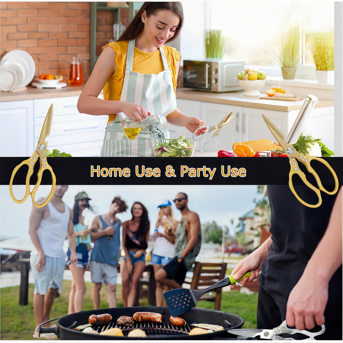 Sharp, Heavy Duty Kitchen Shears Dishwasher Safe, Gold Kitchen Accessories Cooking Shears for Kitchen Meat Chicken Fish Poultry Herb Bread (All Gold Tone)