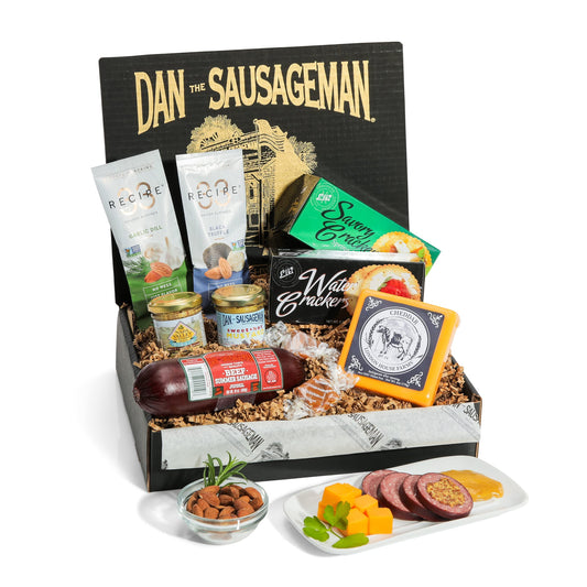 Yukon Gift Basket by Dan the Sausageman - Featuring Naturally Smoked 100% Beef Summer Sausages, Wisconsin Cheddar Cheese, Specialty Sweet Hot Mustard, Grainy Dijon, Flavor Infused Almonds, Crackers, and Sweets
