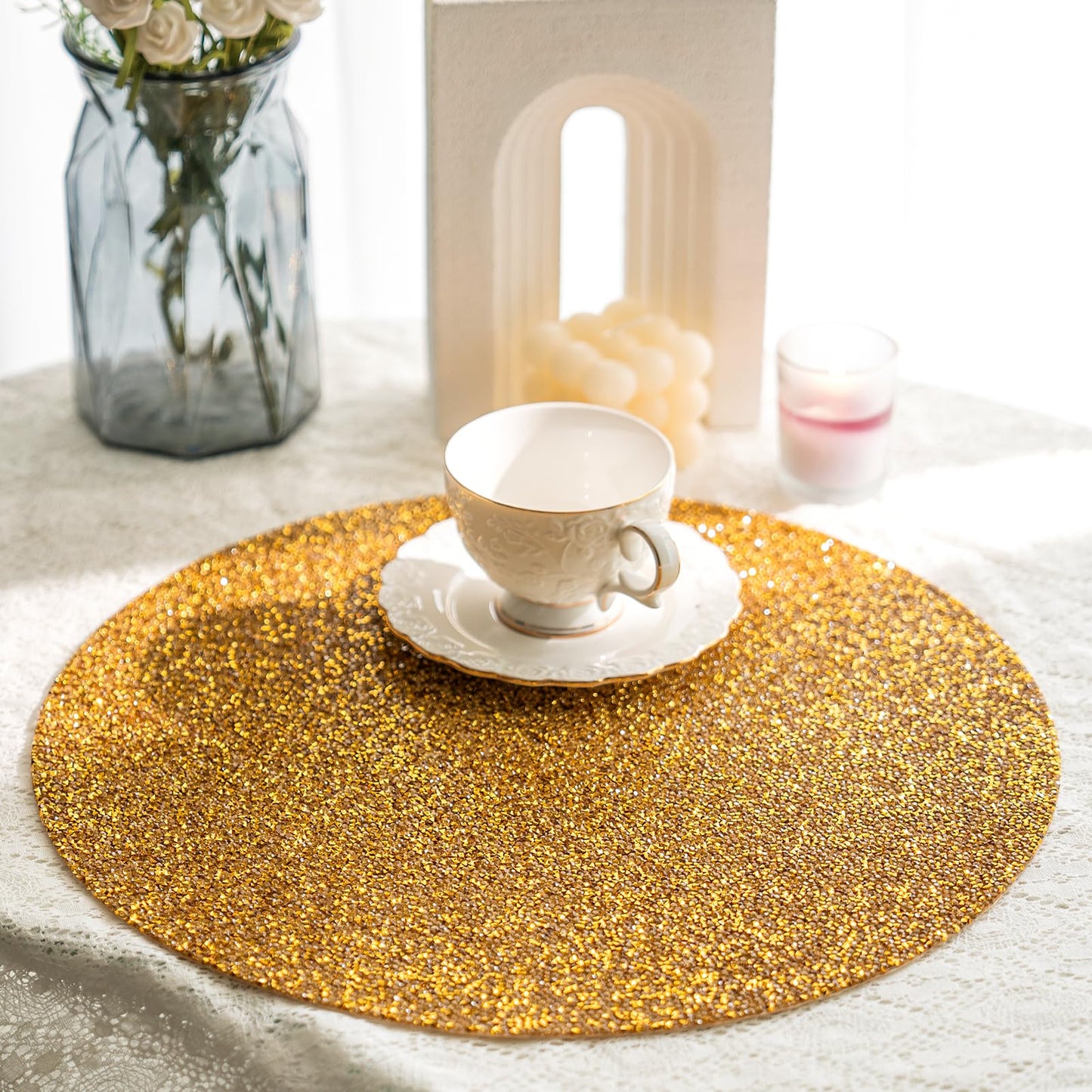 Cumouna Christmas Placemat, Gold Rhinestones Round Washable Elegant Glitter Table Mat for Christams Winter Xmas Kitchen Home Decor Housewarming Gifts (15 Inch)
