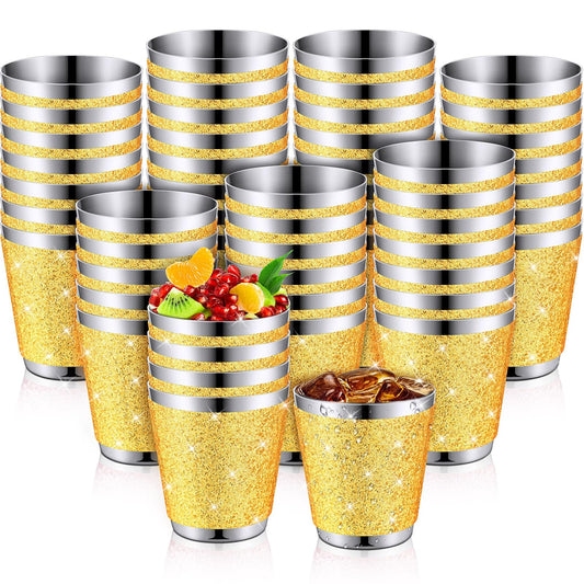 Qinyoung 50 Pcs 1 oz Stainless Steel Shot Glasses Bling Wine Glitter Metal Shot Glasses Bachelorette Wedding Valentine's Party Supplies for Espresso Whiskey Bar(Golden)