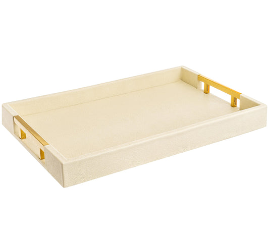 Modern Elegant 18”x12” Rectangle Cream Rectangle Shagreen Faux Leather Decorative Tray Ottoman Tray Coffee Table Perfume Living Room Kitchen Serving Tray with Gold Polished Metal Handles.