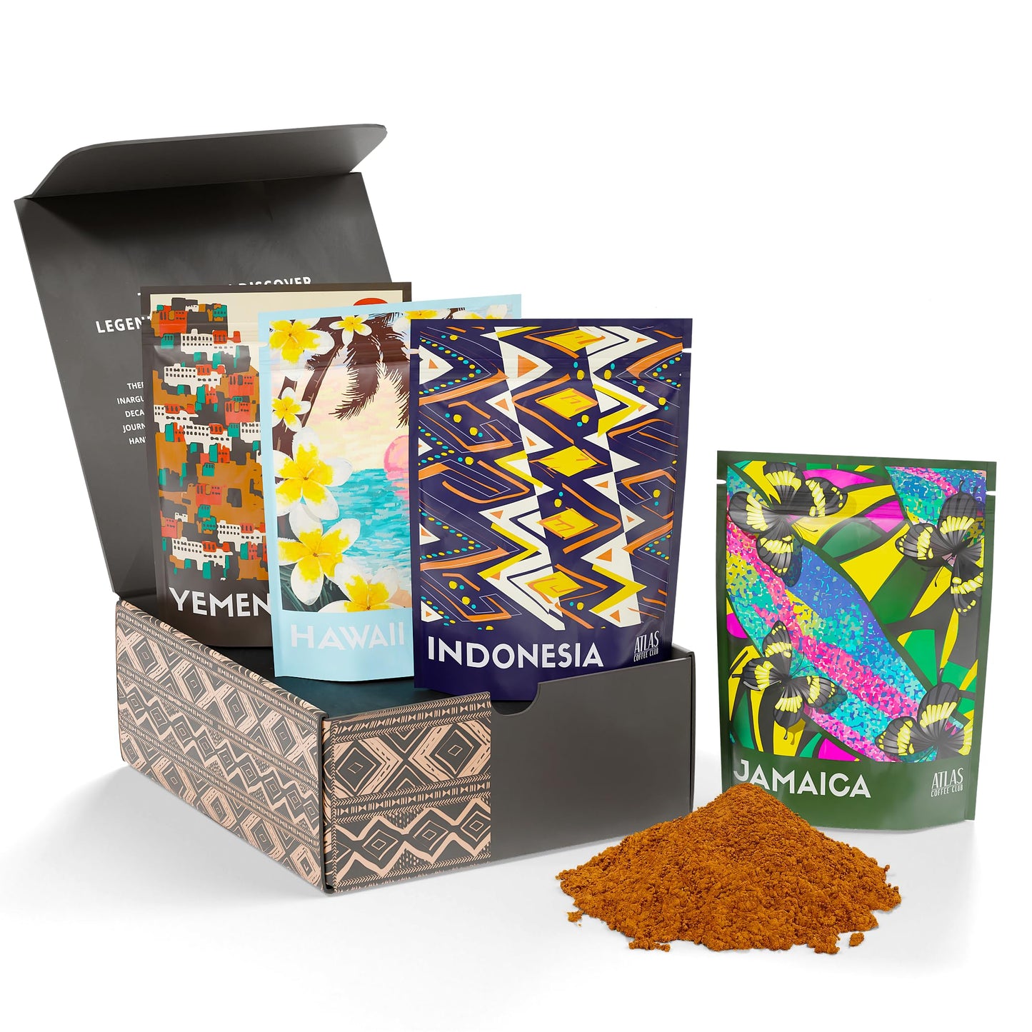Atlas Coffee Club Rare Coffee Sampler, Gift Set for Him and Her, 4-Pack Variety Box of the World’s Most Unique Gourmet Single Origin Coffees Including Jamaica Blue Mountain, Freshly Ground