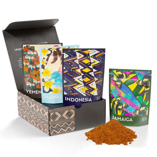 Atlas Coffee Club Rare Coffee Sampler, Gift Set for Him and Her, 4-Pack Variety Box of the World’s Most Unique Gourmet Single Origin Coffees Including Jamaica Blue Mountain, Freshly Ground