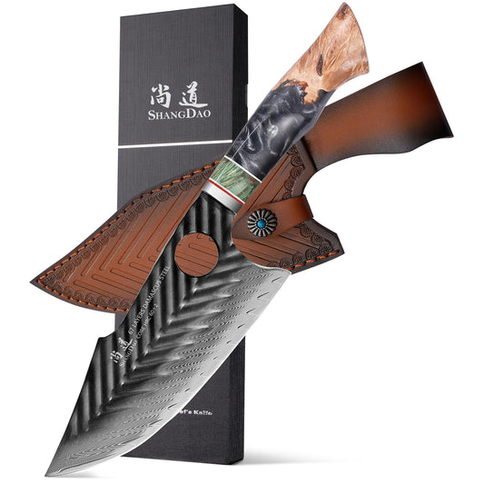 Damascus Butcher Knife 7-Inch, Viking Cleaver Kitchen Knives with Leather Sheath - 67 Layers Alloy Steel with Professional Hand-Forged Resin & Wood Handle QILIN Series