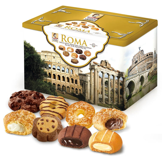 Matilde Vicenzi Roma Cookie Tin - Italian Pastries and Bakery Cookies in Individually Wrapped Trays - Bakery Dessert Gifts - Puff Pastry, Assorted Cookies in Italian Design Gift Tin 32oz (907g)