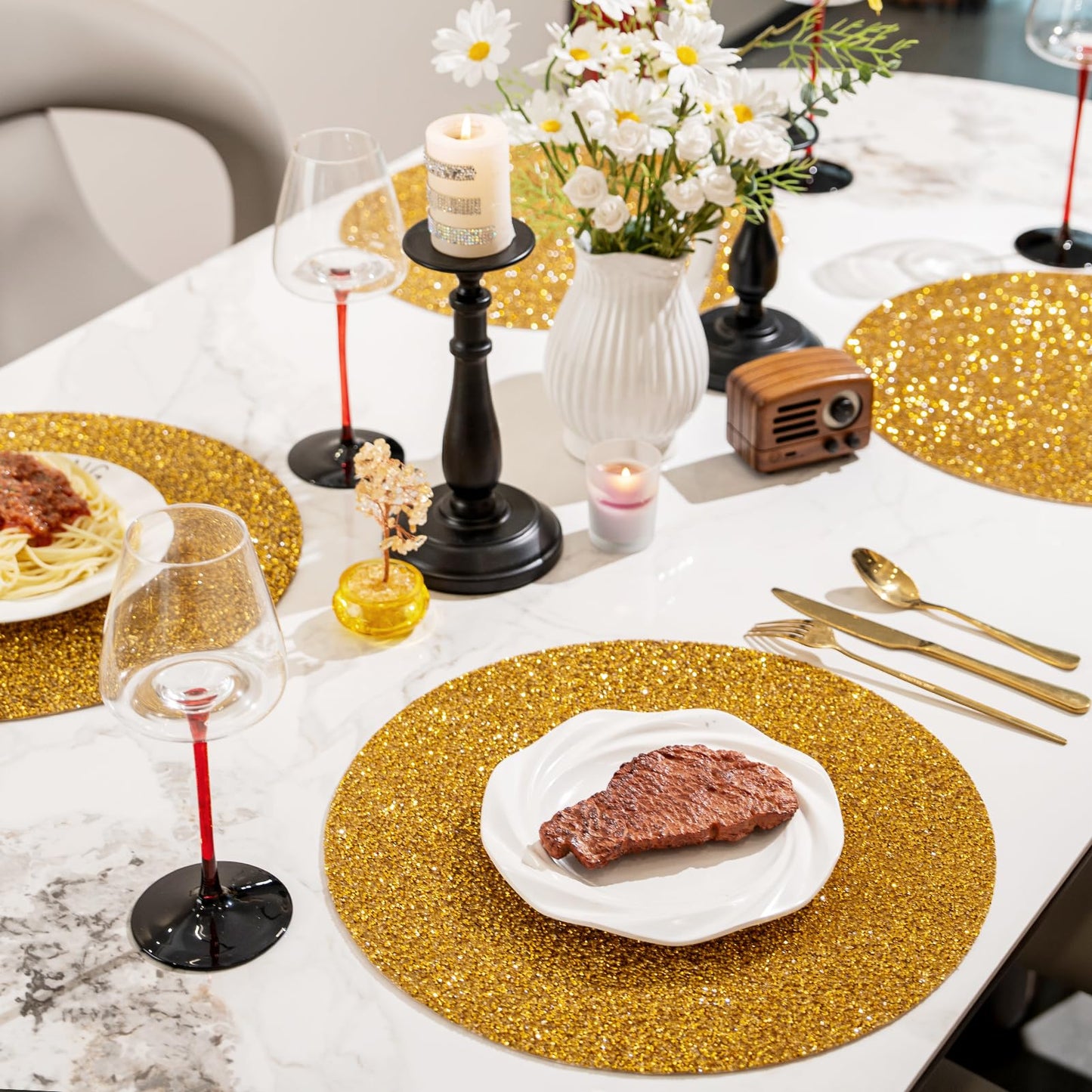 Cumouna Christmas Placemat, Gold Rhinestones Round Washable Elegant Glitter Table Mat for Christams Winter Xmas Kitchen Home Decor Housewarming Gifts (15 Inch)