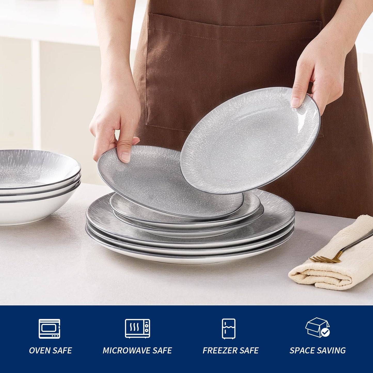 Bestone Plates and Bowls Sets,12 Pieces Round Porcelain Dinnerware Sets,Dishes, Plates, Dishware Sets,Chip Resistant Ceramic Dish Set Dining Dinner Ware Service for 4,Starry Sky Grey
