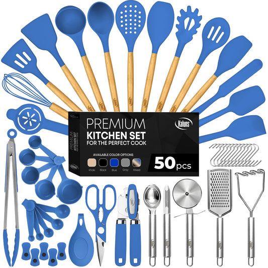 Blue 50-Piece Silicone Kitchen Utensils Set - Mothers's Day Gifts for Mom Wife Complete Kitchen Set 800°F Heat-Resistant Non-Stick Premium Silicone Cooking Utensils W Wooden Handles Gifts For Mothers