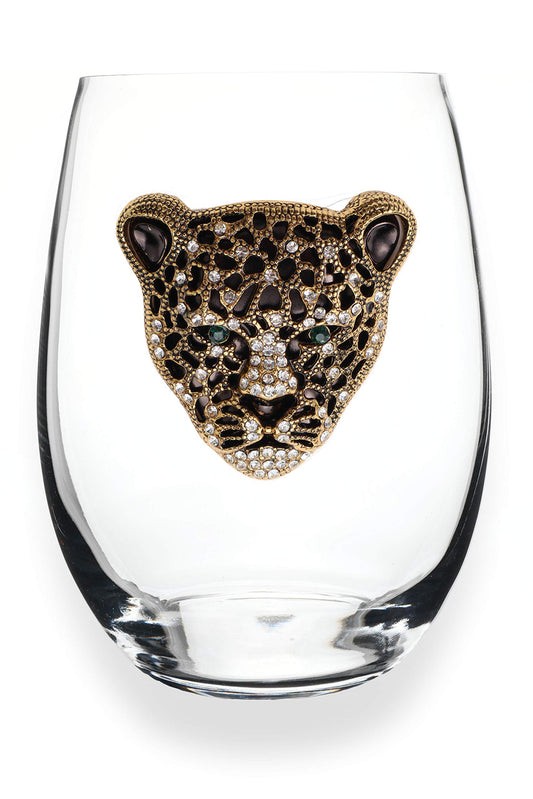 Gold Leopard Jeweled Stemless Wine Glass, 21 oz. - Unique Gift for Women, Birthday, Cute, Fun, Not Painted, Decorated, Bling, Bedazzled, Rhinestone
