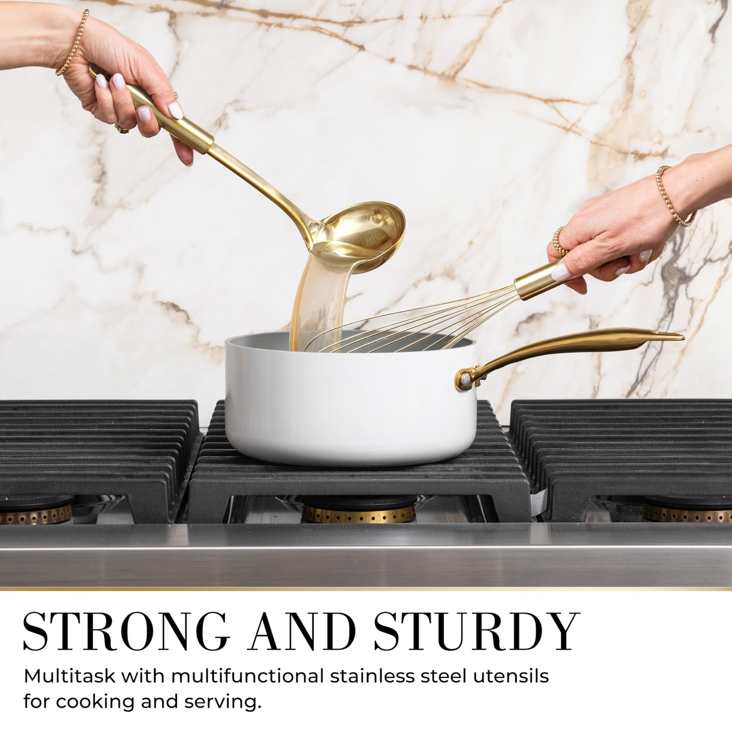 7-Piece Beige and Gold Kitchen Utensils Set – Non-Toxic Silicone and Stainless Steel Tools for Cooking, Serving, and Hosting – Ideal for Nonstick Cookware and Modern Kitchens, with Gold Utensil Holder
