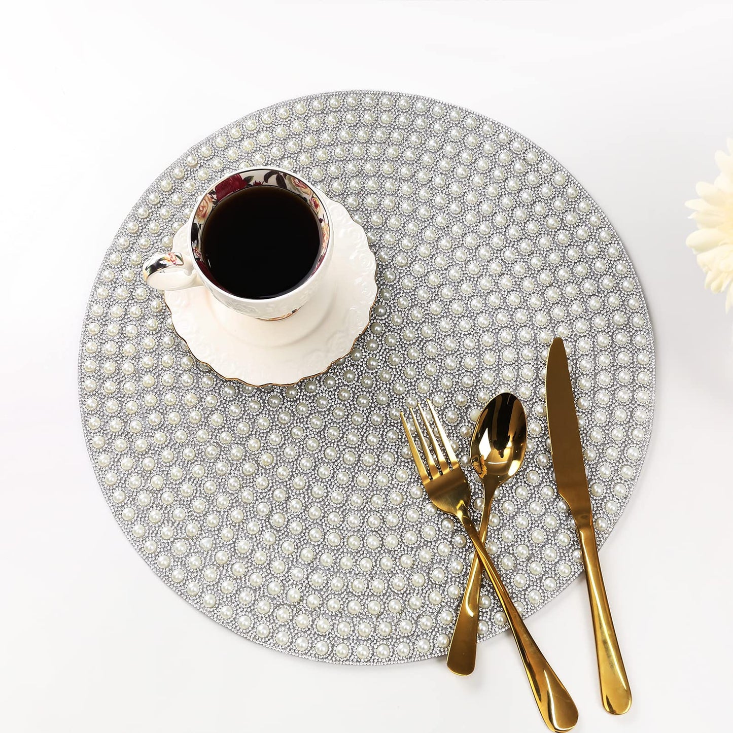 Pearl Round Placemat, 15-inch Anti-Slip Tablescapes Decorations Sparkling Bling Rhinestones Silver Placemat for Nightstand Tablecloths Centerpiece Standing T-Lights Candles Vases Mat