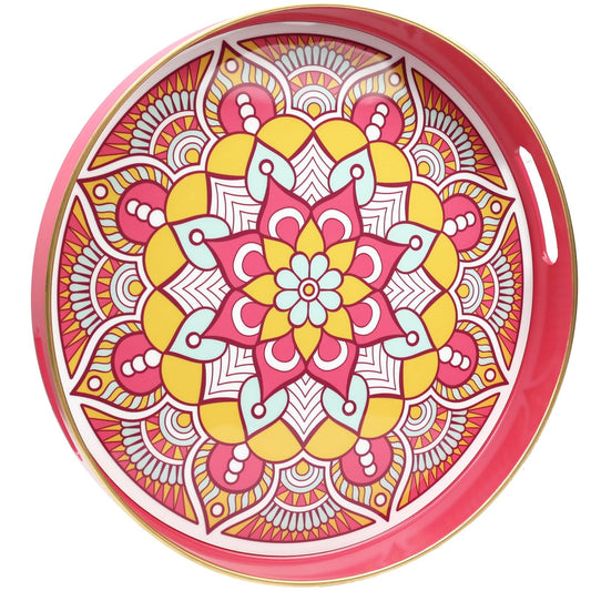 Round Pink Decorative Tray for Coffee Table, Ottoman, 13” Plastic Serving Platter Tray with Handles for Entertaining, Living Room