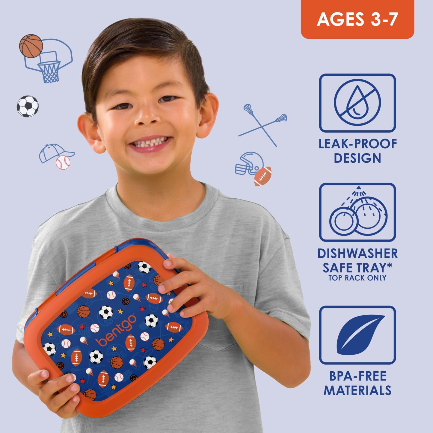 Sports Theme Kids Leak-Proof, 5-Compartment Bento-Style Kids Lunch Box - Ideal Portion Sizes for Ages 3-7, Durable, Drop-Proof, Dishwasher Safe, & Made with BPA-Free Materials (Sports)