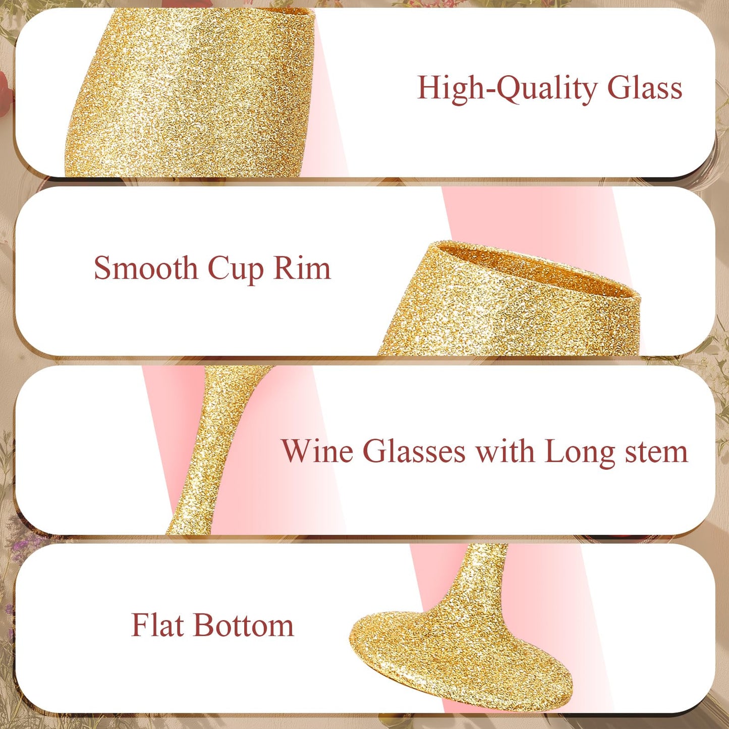 Singhoow Christmas Wine Glasses Set of 12, Glitter Long Stem Wine Glasses 13.5 oz Glitter Glass Wine Cups for Wedding, Anniversary and Home(Gold)