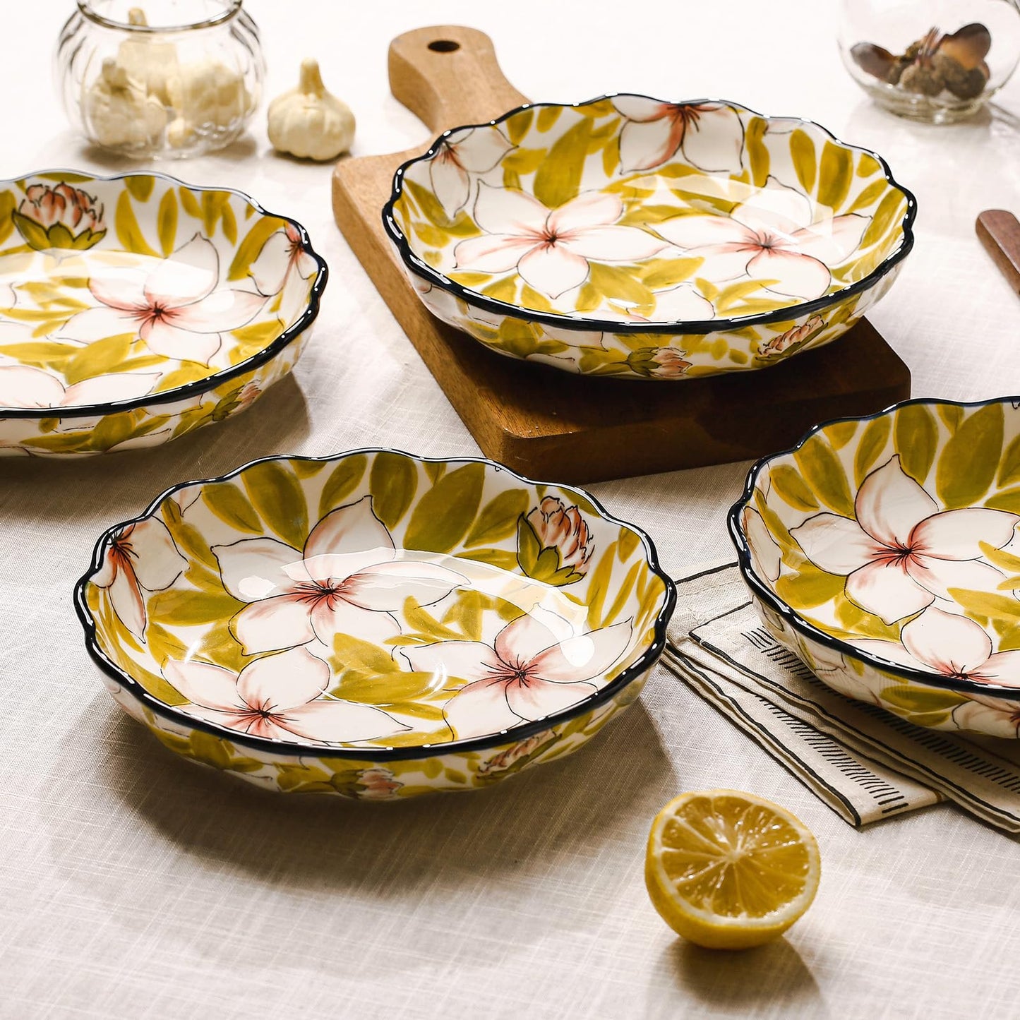 Gnlnkn 8-Inch Ceramic Dinner Plates Set of 4, Hand-Painted Floral Design, Scalloped Edges, Dishwasher & Microwave Safe, Decorative Plate Set for Serving & Entertaining