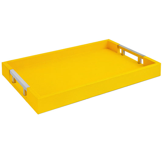 Modern Elegant 18"x12" Rectangle Yellow Shagreen Faux Leather Decorative Tray Ottoman Coffee Table Perfume Dresser Kitchen Serving Tray with Silver Metal Handles by Home Redefined for All Occasion's