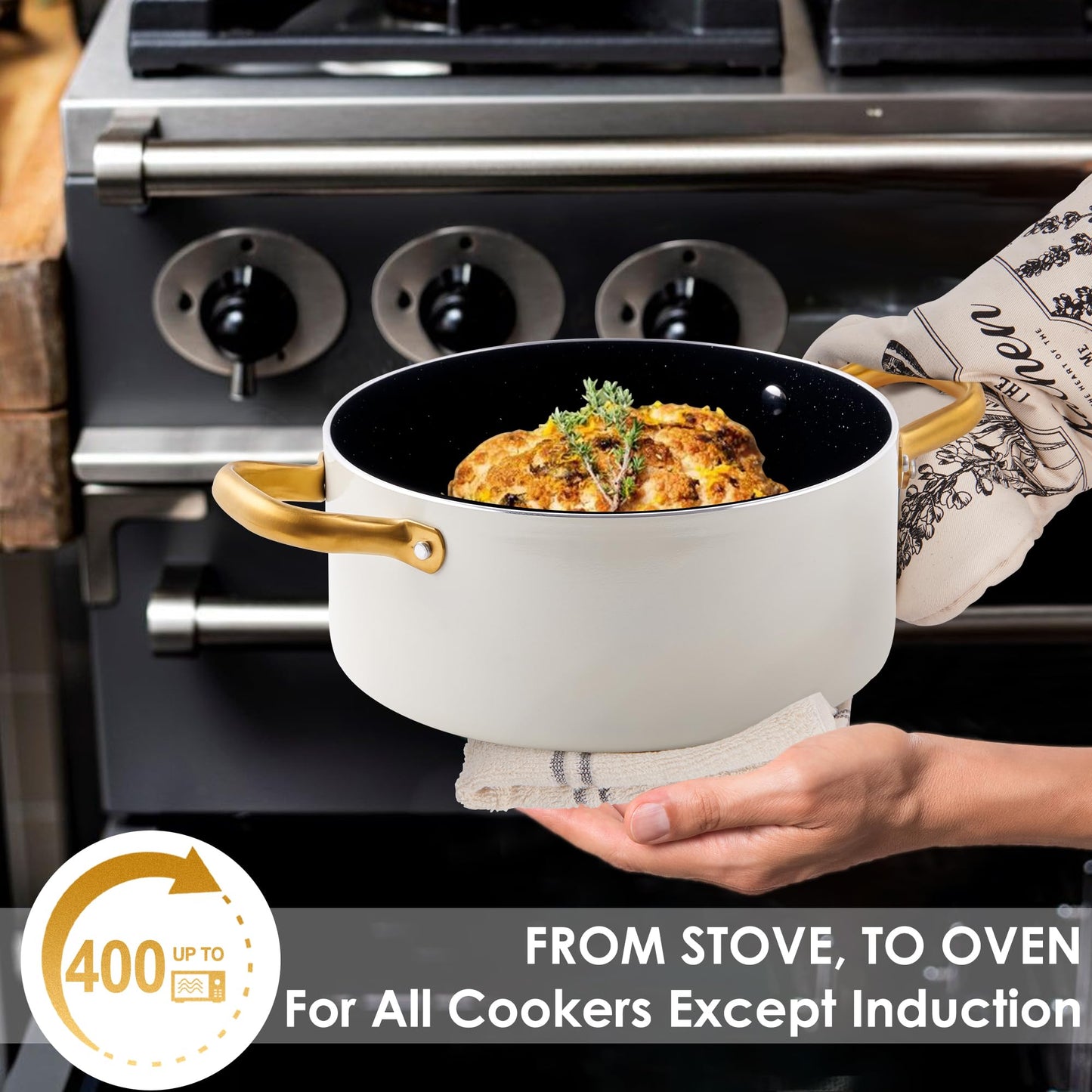 Ceramic Pots and Pans Set - 16-Piece Kitchen Cookware Sets Nontsick Non Toxic Cookware Set With Dutch Oven, Frying Pan, Saucepan, Sauté Pan, Cooking Utensils Set, Gold Pots and Pans for Cooking Set Gifts