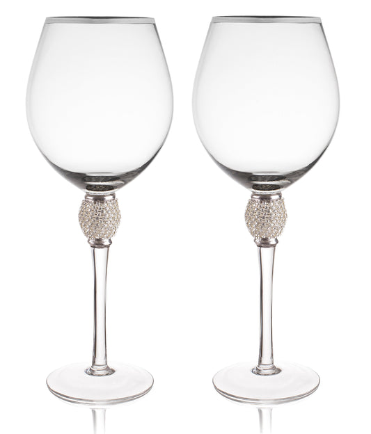 Trinkware Set of 2 Wine Glasses - Rhinestone DIAMOND Studded With Silver Rim - Long Stem, 16oz, 10-inches Tall – Elegant Glassware And Stemware
