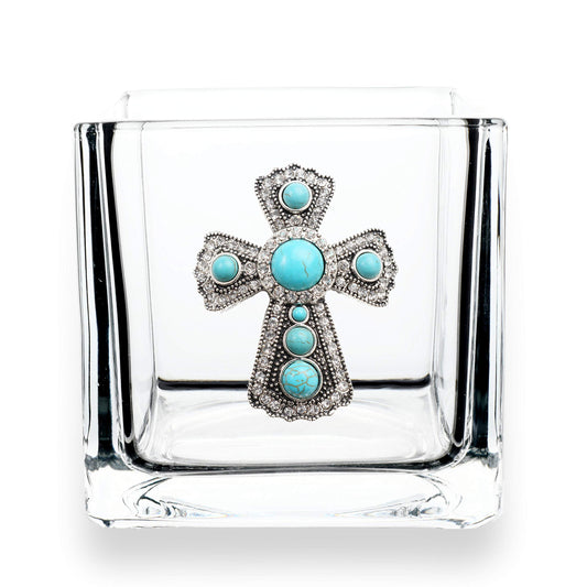 THE QUEENS' JEWELS Turquoise Cross Jeweled 4x4 Candleholder Vase - Unique Gift for Women, Birthday, Cute, Fun, Not Painted, Decorated, Bling, Bedazzled, Rhinestone