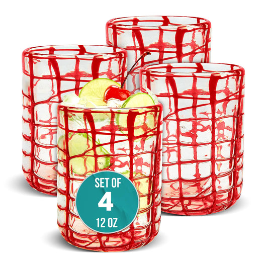 IMPULSE! Checkered Abstract Red Drinking Glasses Set of 4 - Classic Old Fashioned, Negroni, Scotch, Mixed Cocktails - Versatile for Soft Drinks - Dishwasher Safe - Drinkware Glasses Set