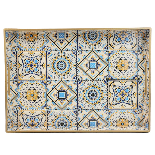 Boho Decorative Plastic Serving Trays with Handles for Living Room, Coffee Table, Ottoman, Bathroom, Kitchen, Large 15.7” x 11.8” x 1.6"