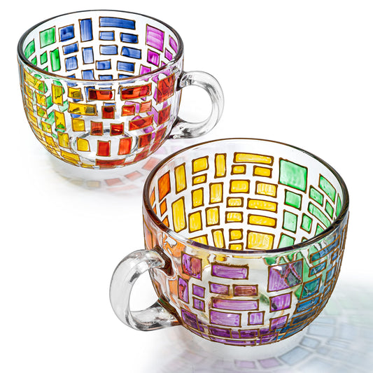The Wine Savant Renaissance Stained Glass Windows Mugs, Artisanal Hand Painted Set of 2 - Gift Idea for Her, Him, Birthday, Mom, Housewarming - Art Deco Coffee and Tea Set 3.5" H X 4" W (Mugs)