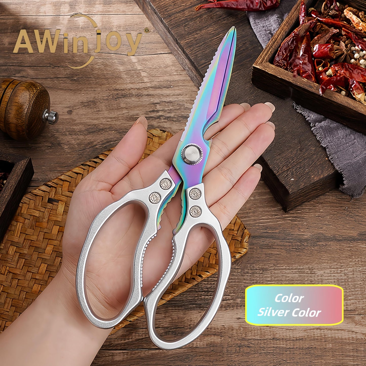 Sharp, Heavy Duty Kitchen Shears Dishwasher Safe, Kitchen Accessories Cooking Shears for Kitchen Meat Chicken Fish Poultry Herb Bread (Silver Handle, Iridescent Blade)