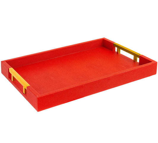 Modern Elegant 18"x12" Rectangle Red Shagreen Faux Leather Decorative Tray Ottoman Coffee Table Perfume Living Room Kitchen Serving Tray with Gold Polished Metal Handles by Home Redefined