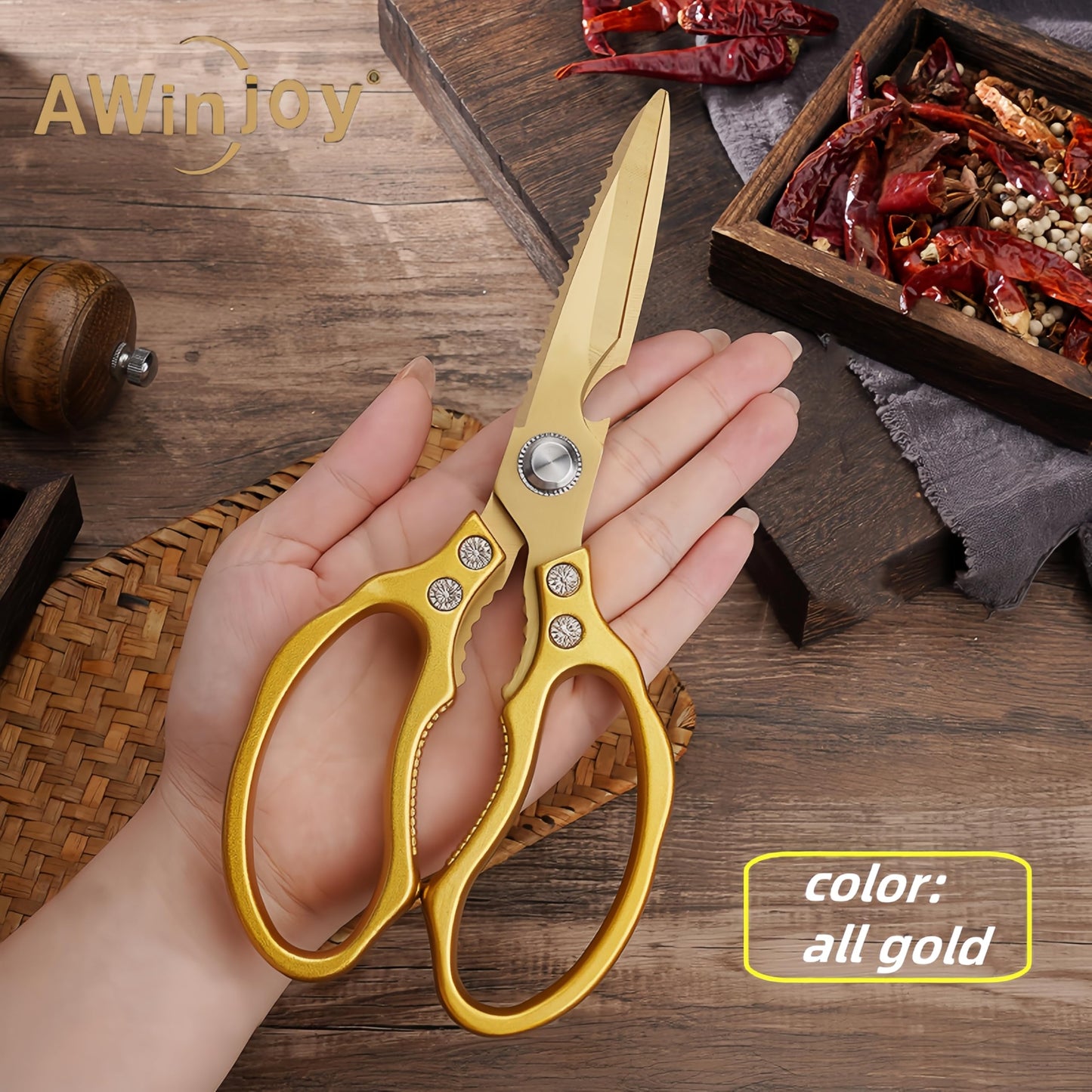 Sharp, Heavy Duty Kitchen Shears Dishwasher Safe, Gold Kitchen Accessories Cooking Shears for Kitchen Meat Chicken Fish Poultry Herb Bread (All Gold Tone)