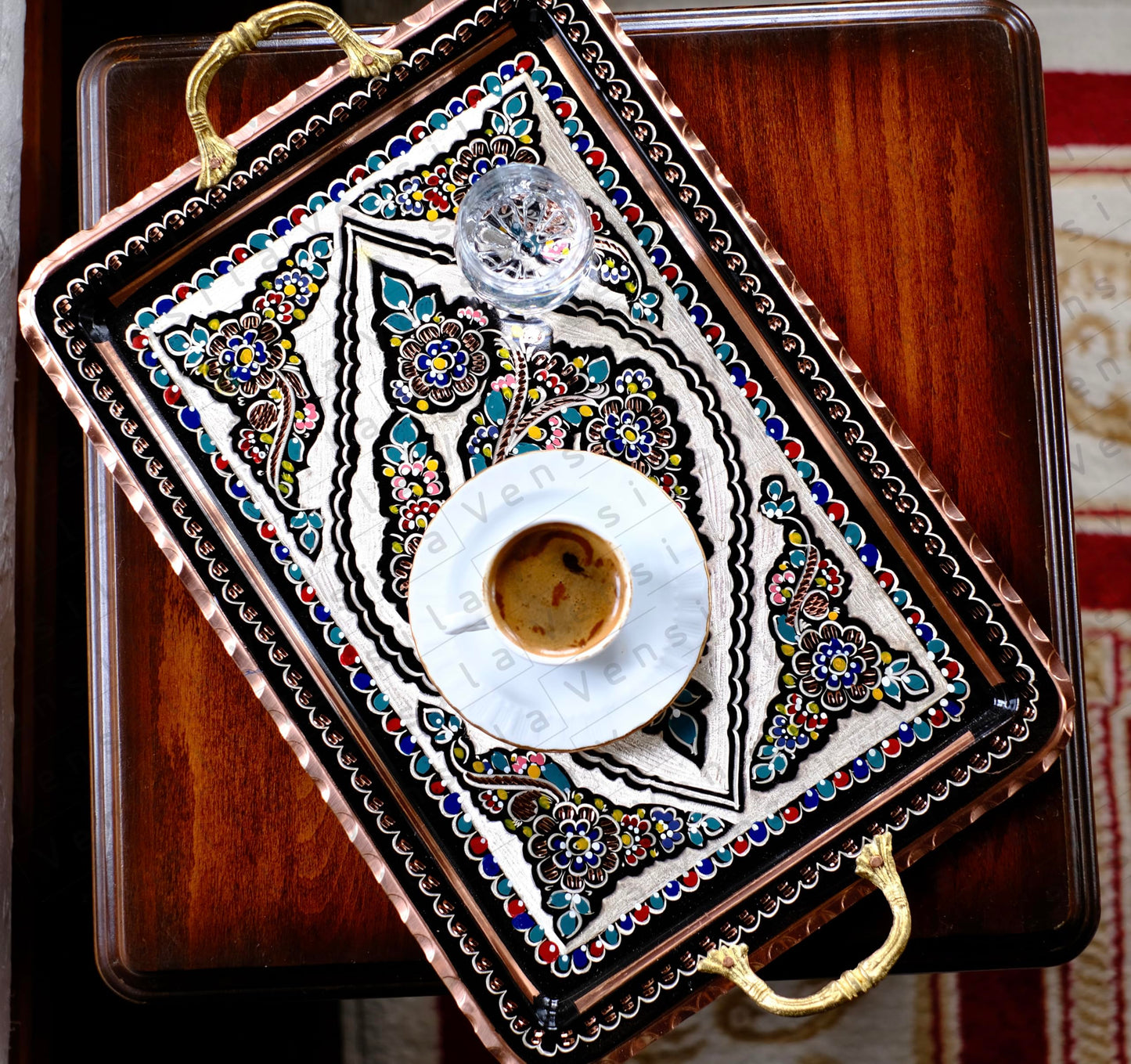 Turkish Coffee Serving Tray with Handles, Handmade Decorative Tray for Coffee Table, Kitchen Counter Decor Tray, Copper Tea Serving Tray with Floral Pattern, Beverage Service Tray (Rectangular)