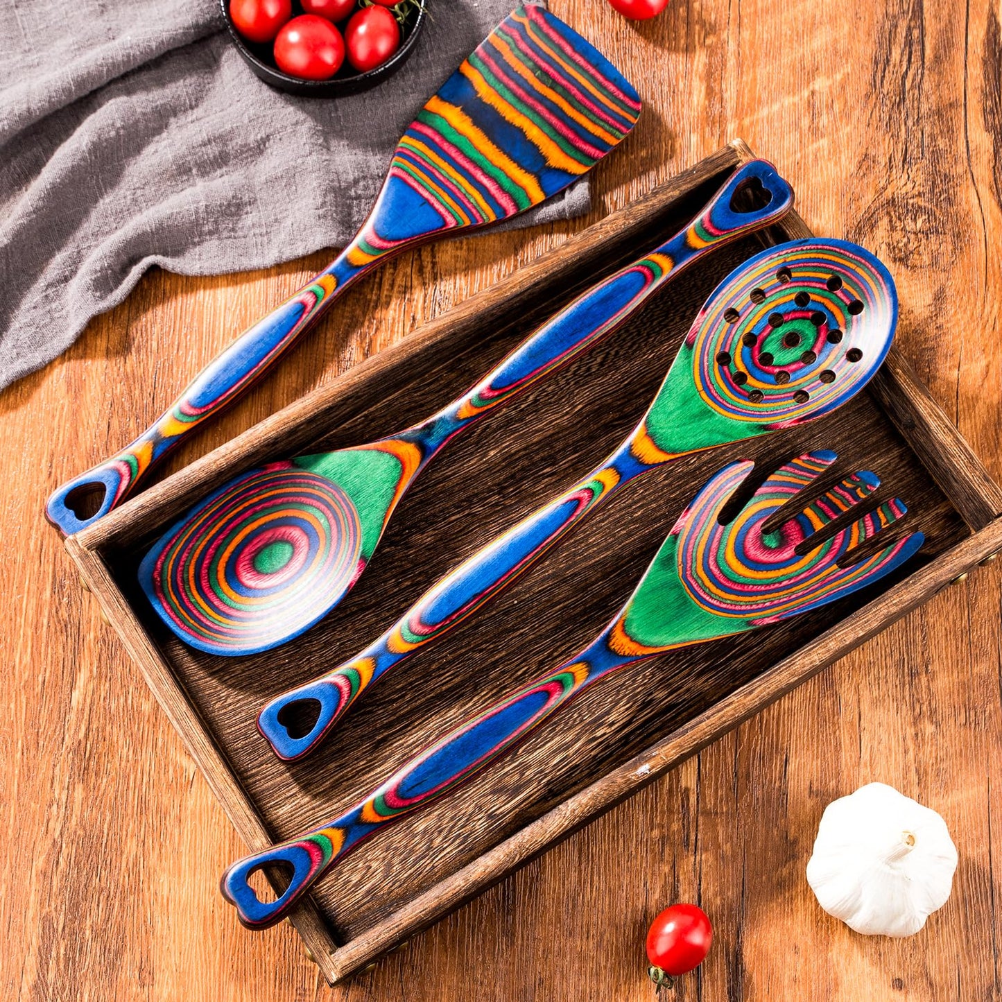 Gudamaye Pakkawood 7-Piece Wooden Cooking Utensils, Wooden Spoons for cooking, Wooden Utensil set,Pakkawood kitchen Utensils for Cooking, Non-Stick Spoon, Household Essentials, Heat-Resistant Spoons
