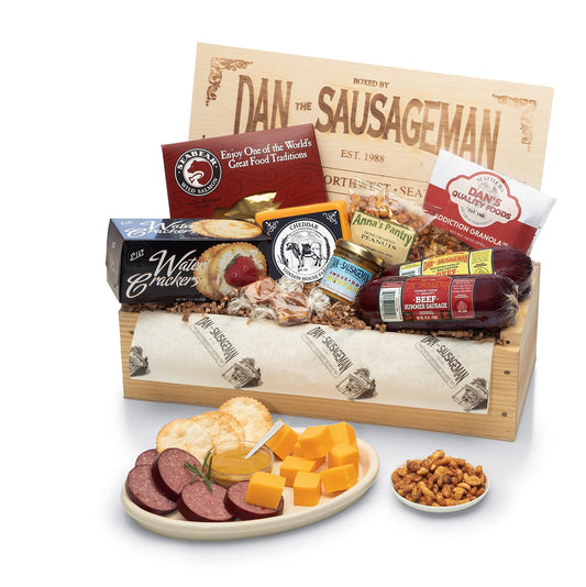 Dan the Sausageman's Favorite Gourmet Gift Basket Featuring Naturally Smoked Summer Sausages, Savory SeaBear Salmon, Wisconsin Cheese, Sweet Hot Mustard, and Keepsake Wood Pine Crate. Gift Messaging Available