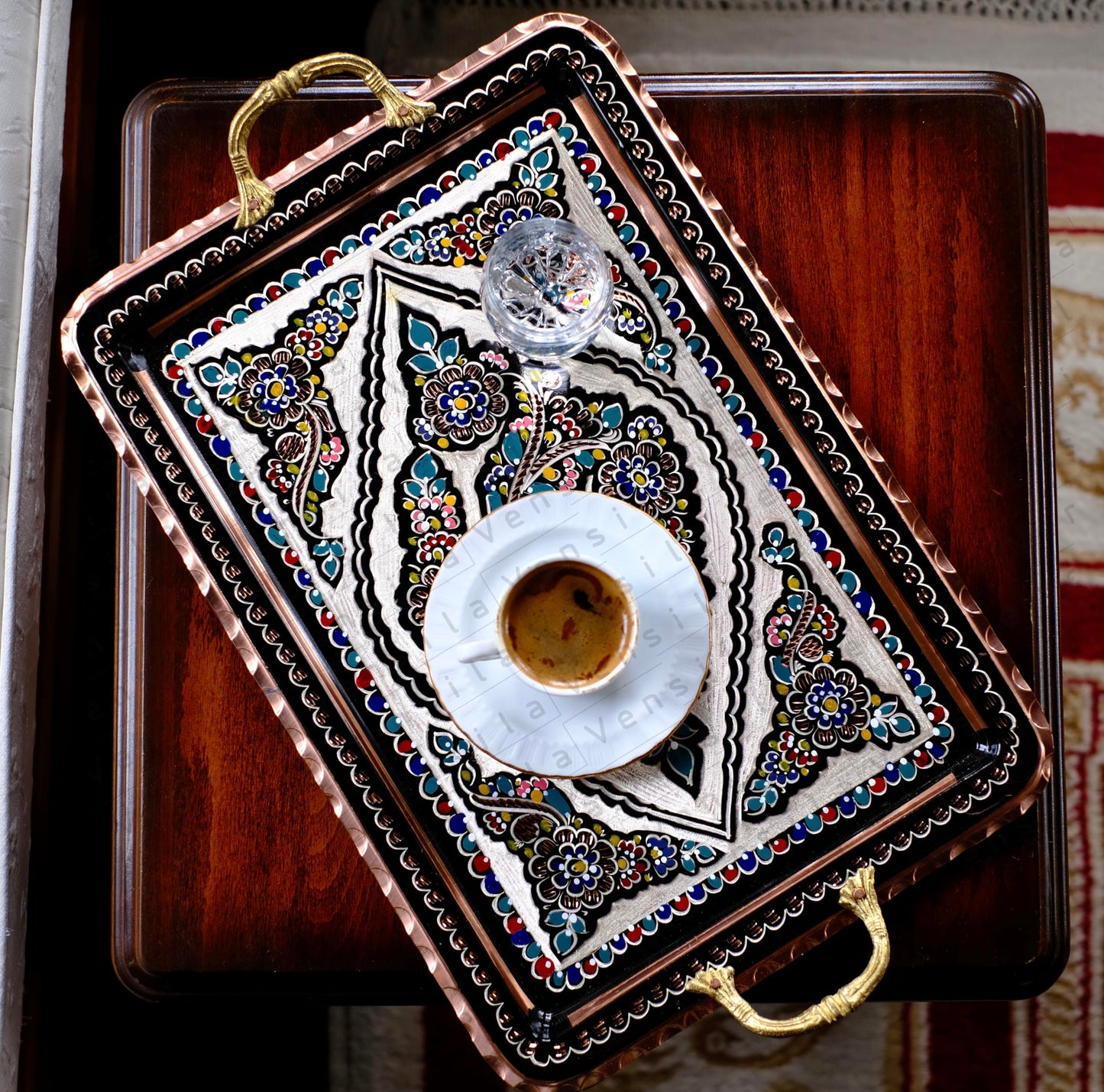 Turkish Coffee Serving Tray with Handles, Handmade Decorative Tray for Coffee Table, Kitchen Counter Decor Tray, Copper Tea Serving Tray with Floral Pattern, Beverage Service Tray (Rectangular)