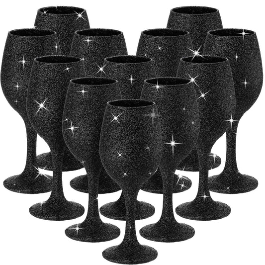 Singhoow Christmas Wine Glasses Set of 12, Glitter Long Stem Wine Glasses 13.5 oz Glitter Glass Wine Cups for Wedding, Anniversary and Home(Black)