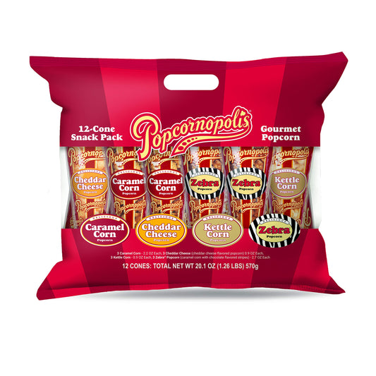 Popcornopolis Gourmet Popcorn Snacks, 12 Cone Variety Snack Packs (Gift Cone), Zebra Popcorn, Cheddar Cheese Popcorn, Caramel Popcorn and Kettle Corn Popcorn