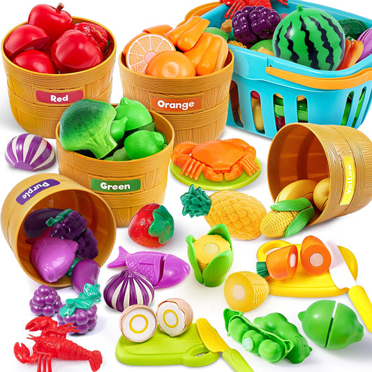 Joyin Learning Toys Play Food Set for Toddlers, Cutting Food for Preschool Activities, Pretend Play Kitchen Accessories for Kids, Color Sorting Set for Boys & Girls, Daycare Educational Toy