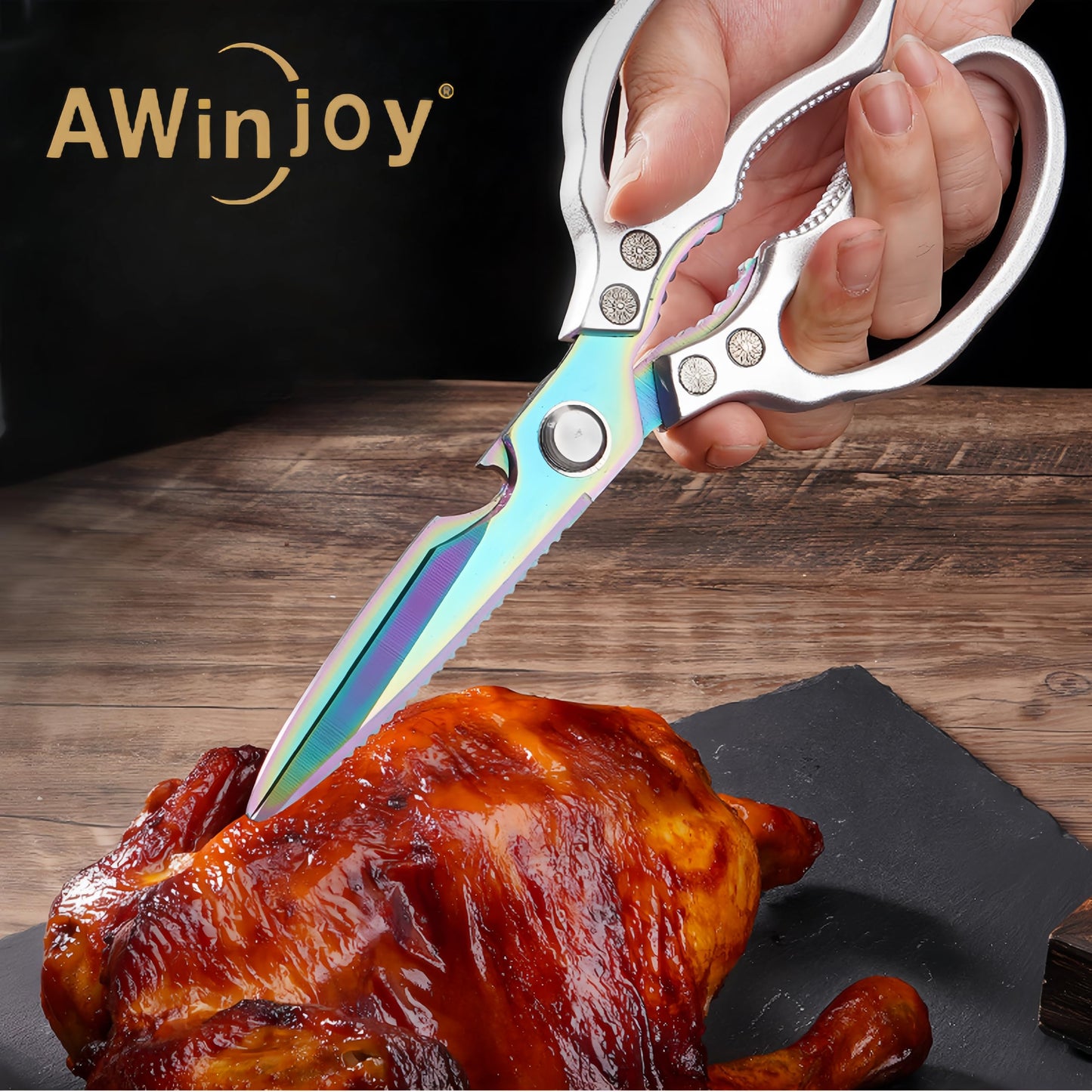 Sharp, Heavy Duty Kitchen Shears Dishwasher Safe, Kitchen Accessories Cooking Shears for Kitchen Meat Chicken Fish Poultry Herb Bread (Silver Handle, Iridescent Blade)