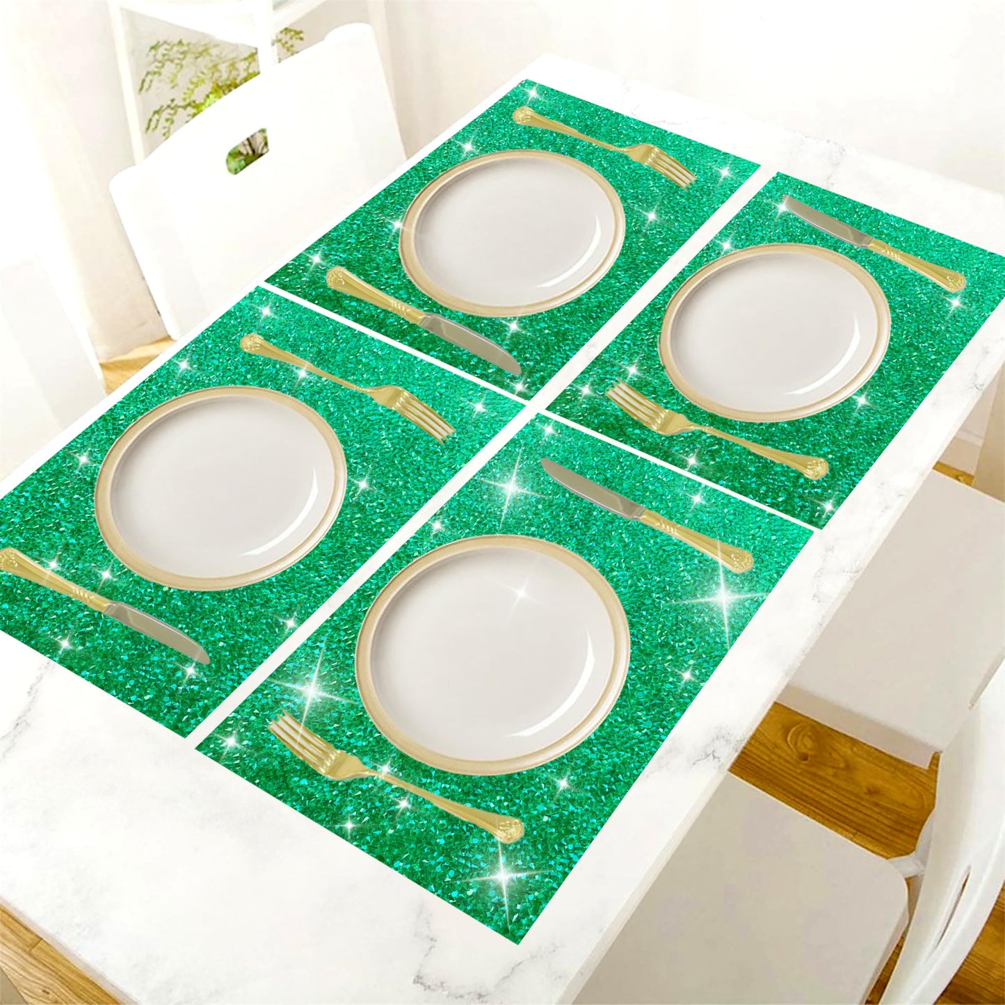 Green Placemats Emerald Heat Resistant Mat Square Placemats Green Trivets Rhinestone Decor Place Mat Crushed Diamond Decor Bling Sparkly Mat Set of 2