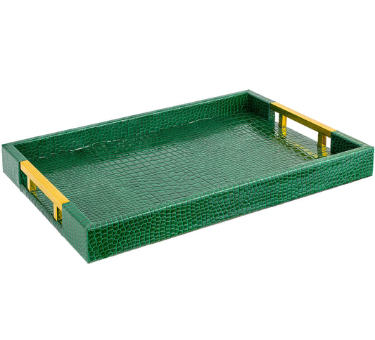 Luxury Modern Elegant 18"x12" Rectangle Crocodile Green Faux Leather Decorative Tray Ottoman Coffee Table Living Room Decor Kitchen Serving Tray with Gold Polished Metal Handles by Home Redefined