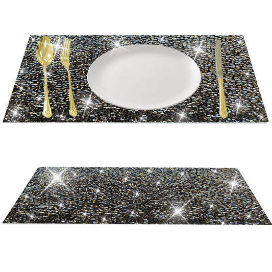 Black Placemats Dark Black Heat Resistant Mat Square Placemats Black Trivets Rhinestone Decor Place Mat Crushed Diamond Decor Bling Sparkly Mat Set of 2