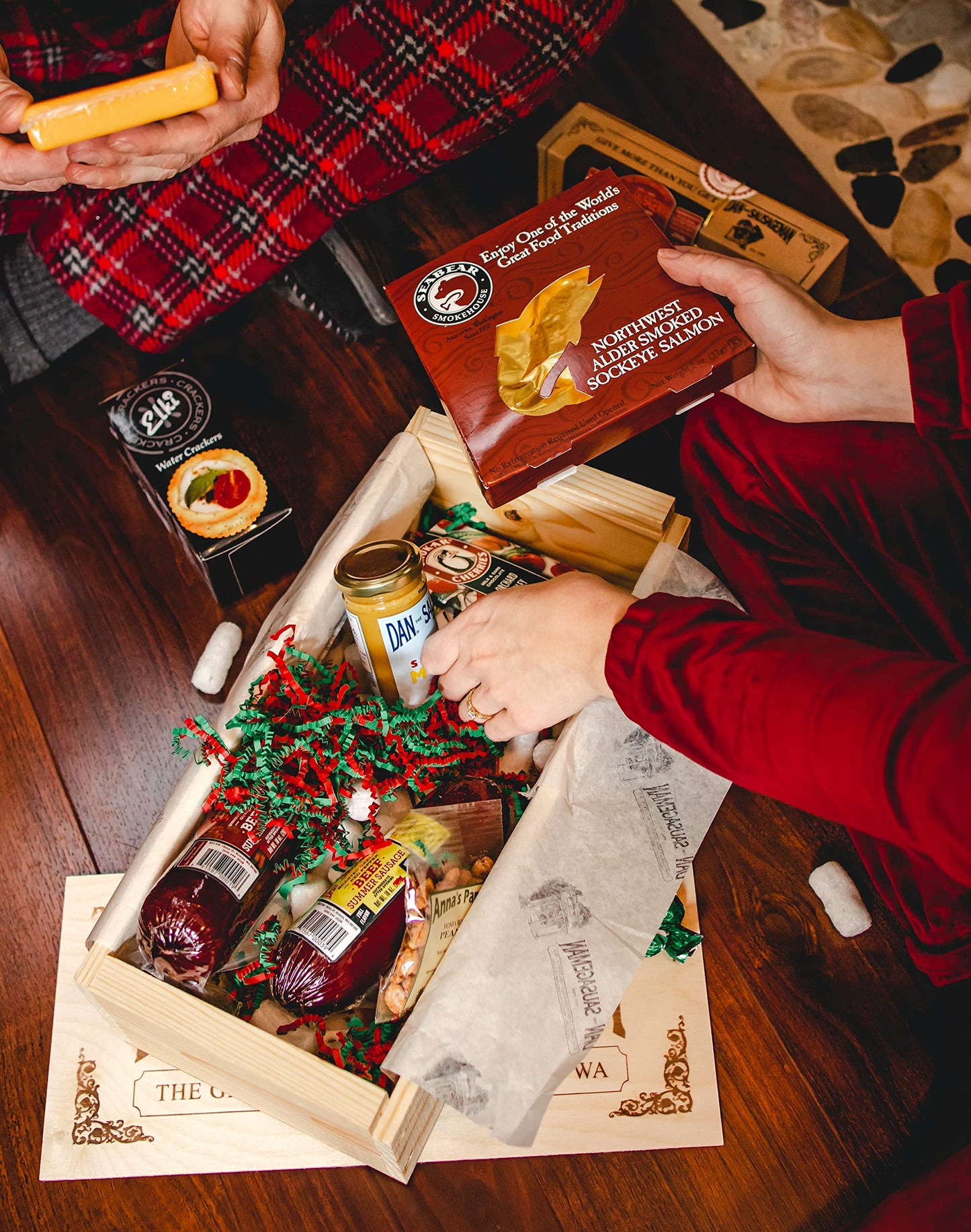 Dan the Sausageman's Favorite Gourmet Gift Basket Featuring Naturally Smoked Summer Sausages, Savory SeaBear Salmon, Wisconsin Cheese, Sweet Hot Mustard, and Keepsake Wood Pine Crate. Gift Messaging Available