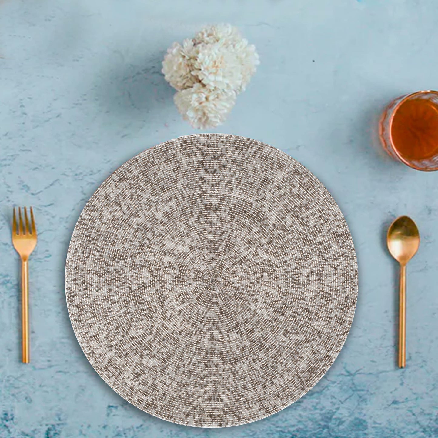 Goroly Home Beaded Placemats for Dining Table, Rustic Farmhouse Hand Made Glitz Table Top Charger for Christmas Easter New Year Thanksgiving Family Party Celebration- 13 Inch Set of 4- Silver Mercury