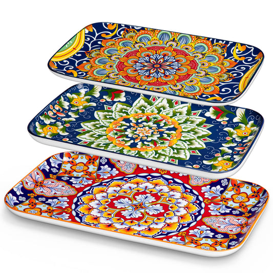 Set of 3 Colorful Bohemian Serving Platters, 16"/14"/12" Inch Rectangular Trays - Serving Platter Extra Large, Bohemian Ceramic Serving Dish for Entertaining Food, Microwave & Dishwasher Safe, Colorful